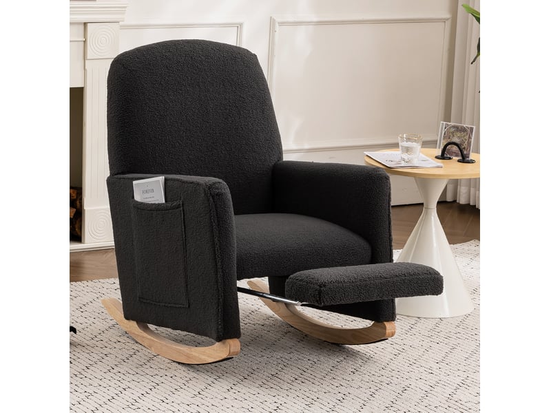 044 fauteuil à bascule avec repose-pieds, fauteuil relax avec ottomane, fauteuil à bascule pour intérieur avec haut dossier, tissu teddy gris foncé - Conforama D