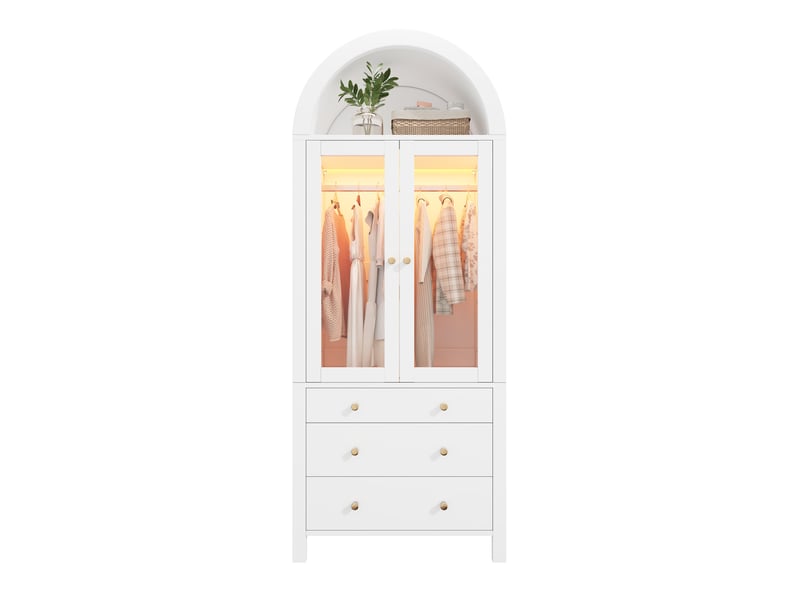 Armoire penderie 80 cm à sommet arrondi avec led, 2 portes vitrées, 1 tringle, 3 tiroirs, compartiment à bijoux sous verre trempé, blanc  - Conforama A