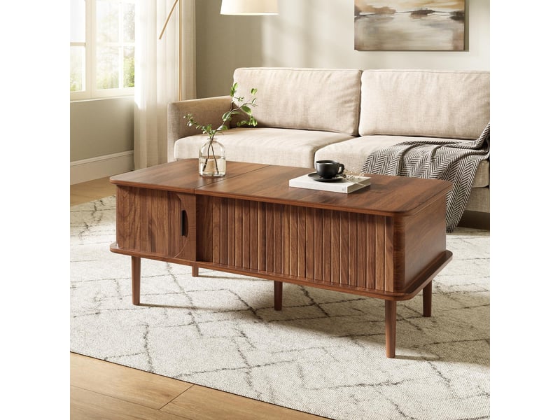  Table basse relevable - 100x48x41cm - plateau élevable rangement caché, porte coulissante rainurée pieds bois - noyer  - Conforama B