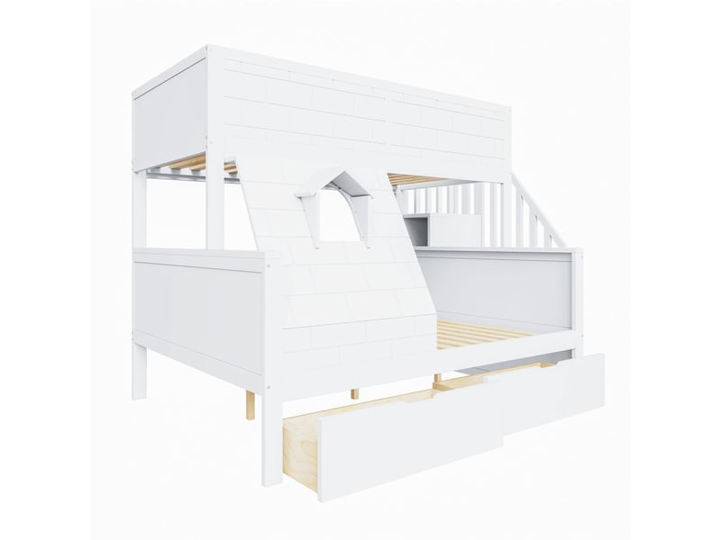  Lit superposé 90x200140x200cm escalier rangement - lit double - bois massif, 2 tiroirs, fenêtre, blanc  - Conforama E
