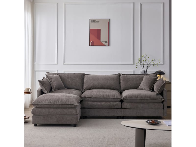  Canapé d'angle ulevr 3 places avec méridienne et pouf modulable 267 x 154 cm, chenille gris  - Conforama D