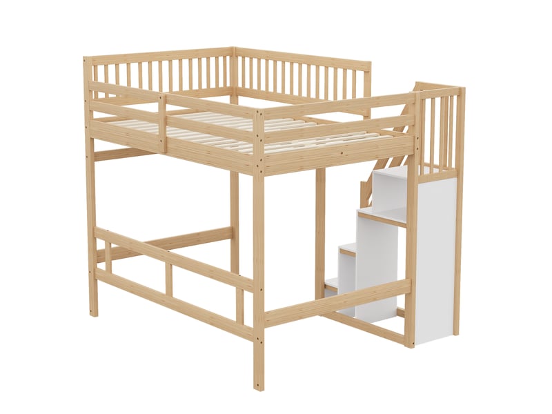 Lit mezzanine enfant 140x200 cm – bois naturel – escalier de rangement intégré, hautes barrières - sans matelas - Conforama E