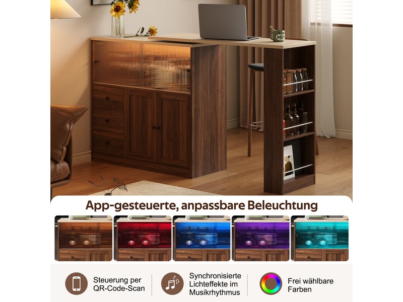  Îlot de cuisine extensible avec table pivotante 360° et rangement - lpospi - 3 tiroirs, led rgb, mdf naturel  - Conforama E