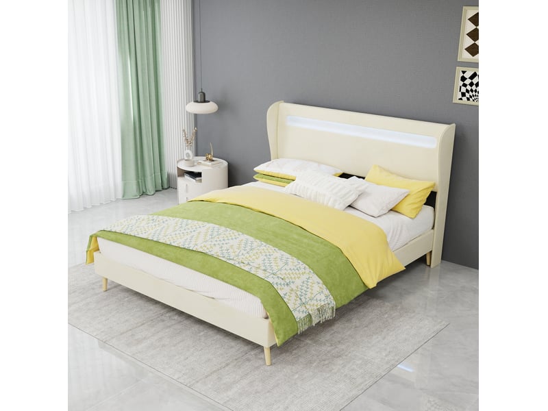  Lit adulte 140x200 cm en tissu beige avec led réglable, sans rangement  - Conforama D