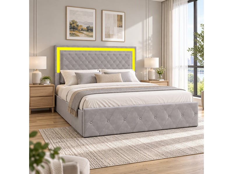  Lit coffre 2 places 160x200 cm, lit adulte avec rangement, tête de lit réglable, lit double, led, velours beige  - Conforama D