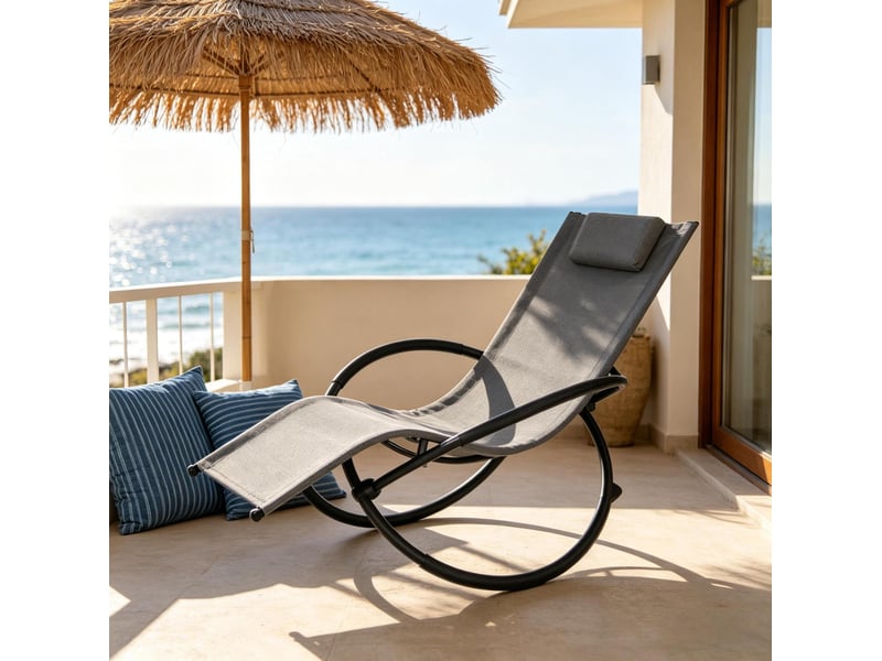  Chaise longue à bascule extérieure 143,5x66 cm – gris – coussins amovibles, accoudoirs rembourrés  - Conforama E