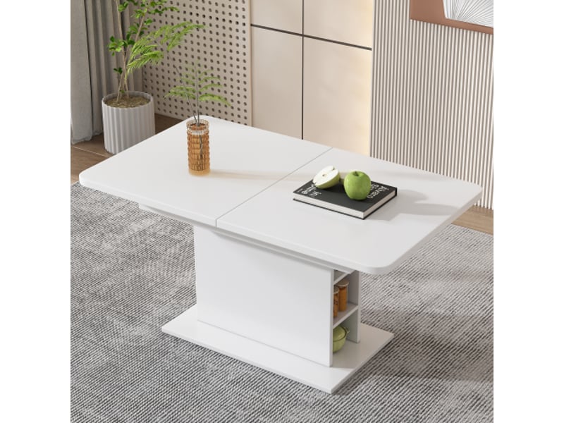  Ensemble salle à manger blanc: table rectangulaire extensible avec rangements, 6 chaises sherpa et pieds métalliques  - Conforama E