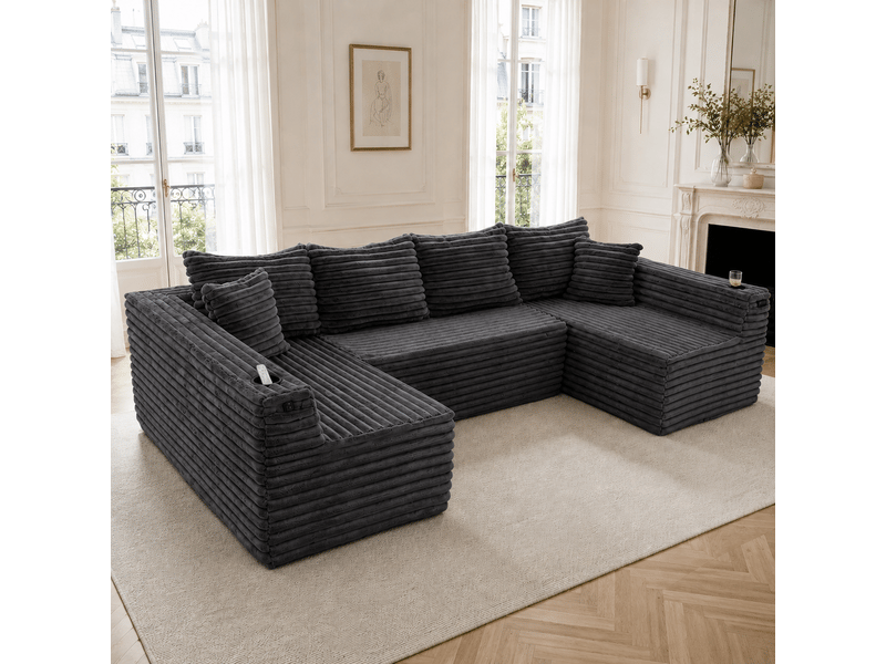 Canapé d'angle panoramique fixe 6 places tissu gris foncé canapé compressible - Conforama B