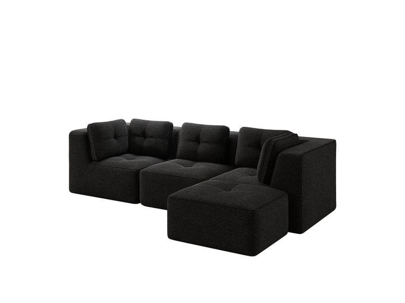 Canapé d’angle modulaire 3 places en velours côtelé noir avec méridienne, assise profonde de 74 cm pour salon - Conforama E