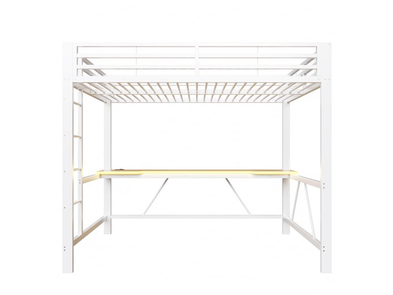  Lit mezzanine gaming en métal 140x200 avec éclairage led, station de chargement usb et bureau, blanc  - Conforama D