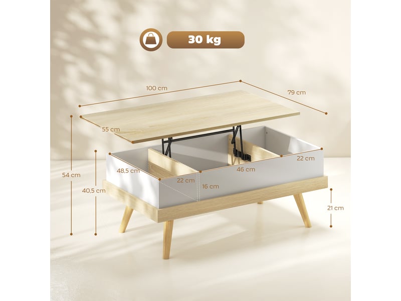  Table basse relevable 3 compartiments pieds en pin naturel et blanc 100x55x40,5 cm  - Conforama C