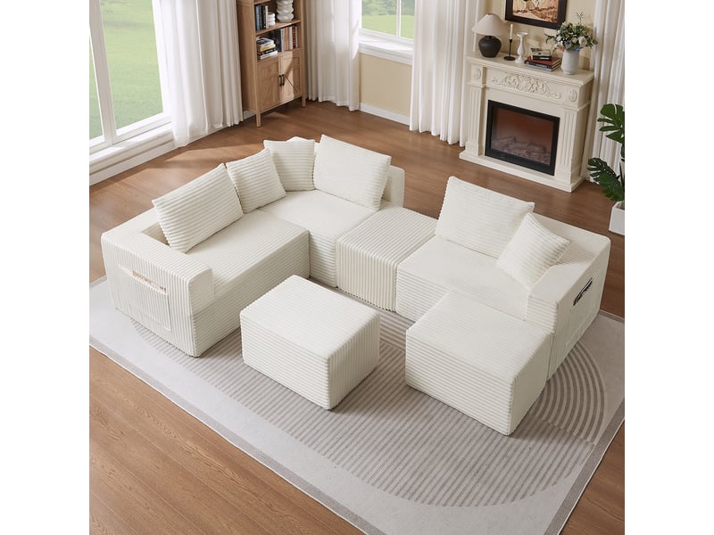  Canapé modulable 6 places en velours côtelé beige, assise souple et composition flexible IKSETERA TRADING LTD - Conforama E
