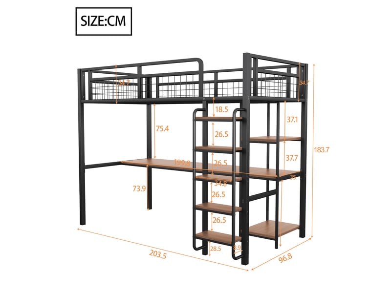  Lit mezzanine 90 x 200 cm avec bureau, étagères et échelle, métal, noir Fay Lum - Conforama C