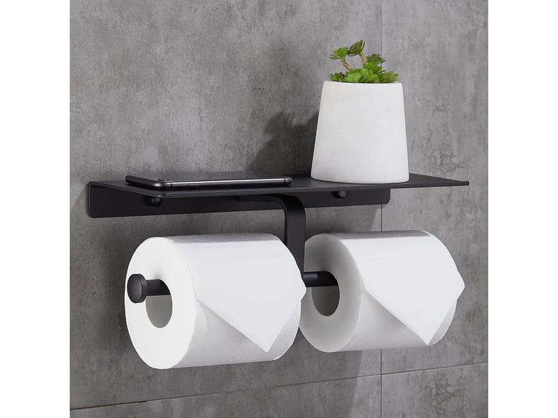 Porte rouleau de papier toilette sans perçage avec etagère de téléphone portable noir - Conforama C