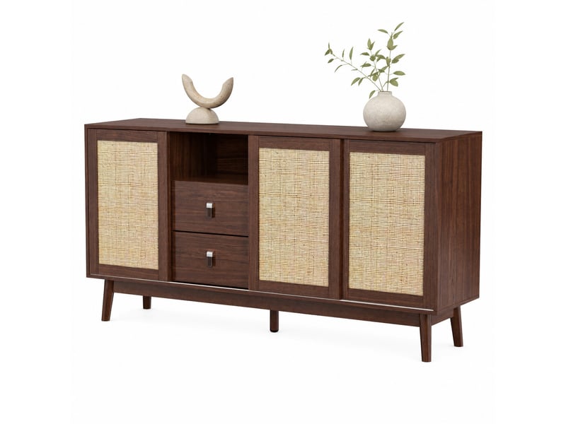  Buffet 155 x 38 x 80 cm bois foncé mdf et panneaux de particules, 3 portes coulissantes et 2 tiroirs  - Conforama A