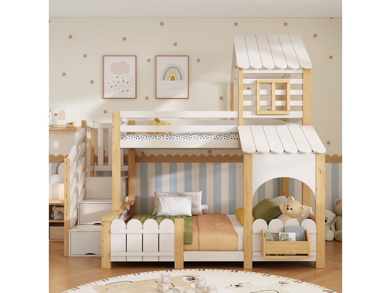  Lit superposé enfant 90x200+140x200 cm - échelle de rangement - avec baldaquin et protection antichute - blanc et naturel (sans matelas)  - Conforama B