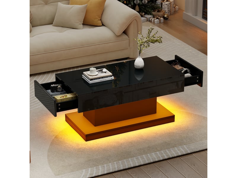 Table basse noire brillante avec led app, table de salon 2 tiroirs, design moderne en forme de i, 100x50x45 cm - Conforama D