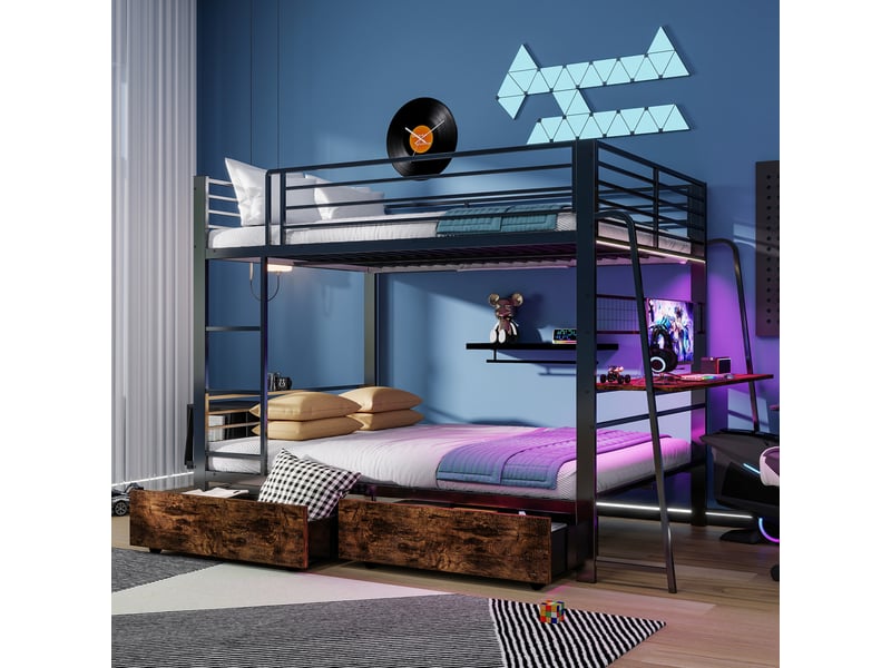  Lit superposé 140x200 cm avec bureau, led rgb et 2 tiroirs noir  - Conforama B