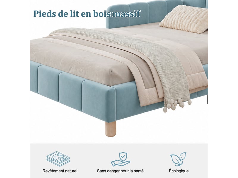 Lit enfant 90 x 200 cm avec protection anti-chute - velours bleu, sommier inclus et côtés modulables  - Conforama R