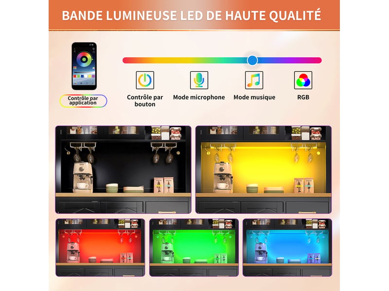 Buffet de rangement 105,5x40x180 cm avec bande led mdf noir - Conforama B