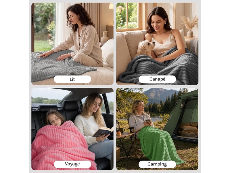  Couverture polaire en flanelle côtelée, 230x270cm, gris foncé, 350 gm², moelleux, léger, plaid pour lit et voyage  - Conforama E
