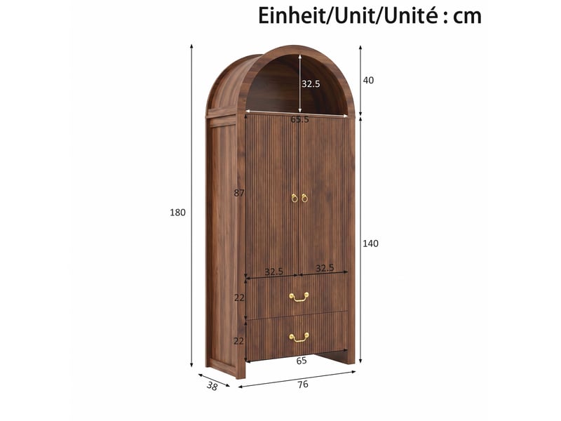 Buffet 76x38x180 cm, niche ouverte en arc, éclairage led, 2 portes et 2 tiroirs, mdf et panneau de particules, noyer - Conforama C