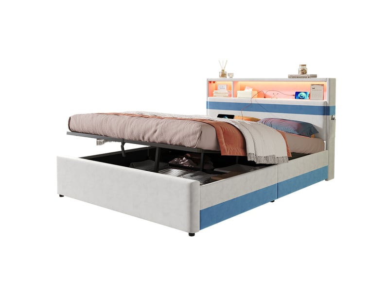  Lit coffre lit rembourré lit double led avec fonction de chargement usb et éclairage led lit 140x200cm blanc et bleu  - Conforama A