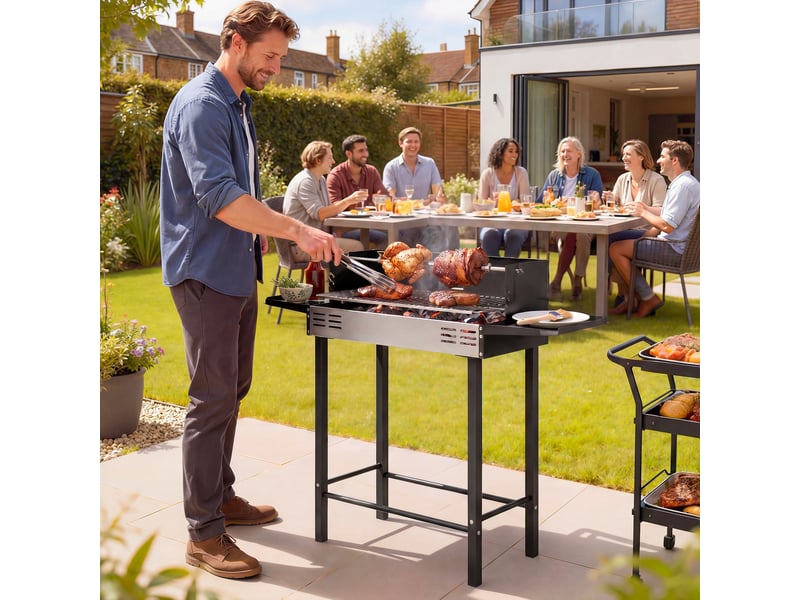  Barbecue au charbon avec tournebroche, grille réglable, 118 x 32 x 90 cm  - Conforama D