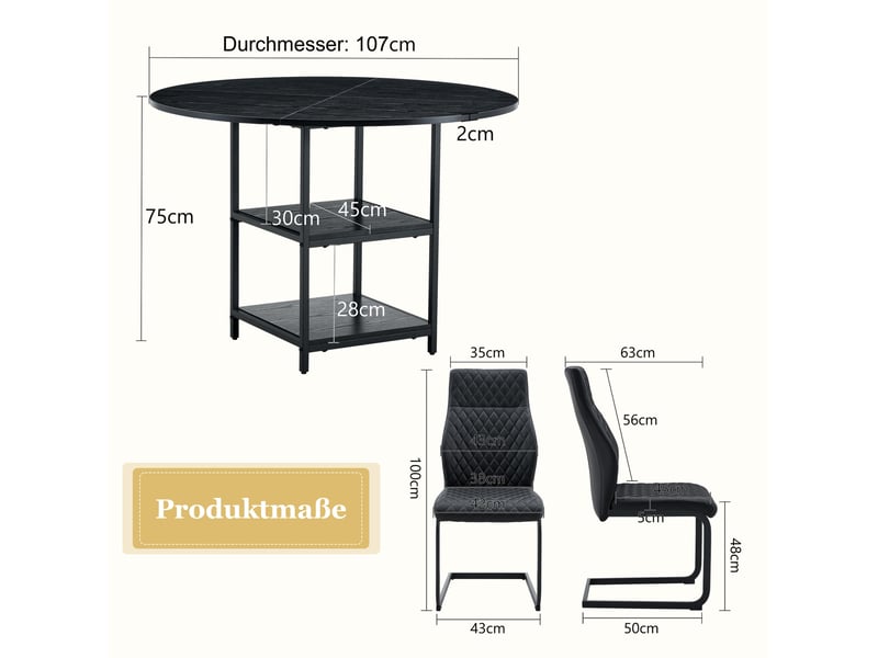  Ensemble repas 4 personnes, table ronde ø107 cm et 4 chaises noires en pu  - Conforama C