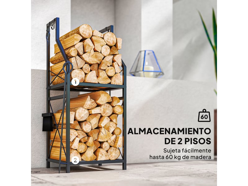  Porte-bûches métallique deux niveaux avec 4 outils, noir, 34 x 30 x 80 cm, charge 60 kg  - Conforama R