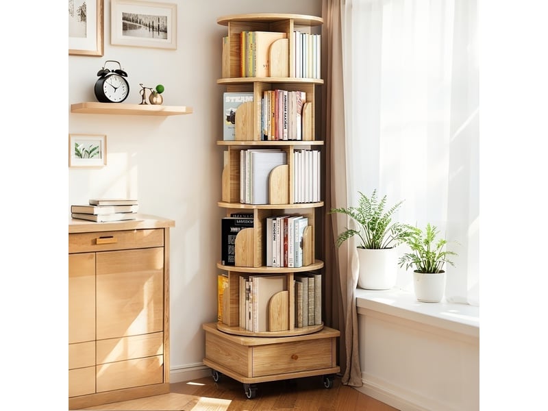  Bibliothèque tournante - 46x46x173cm - 6 niveaux avec tiroir et roulettes - étagère à livres ronde gain de place - bois naturel  - Conforama B