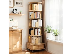 Bibliothèque tournante - 46x46x173cm - 6 niveaux avec tiroir et roulettes - étagère à livres ronde gain de place - bois naturel