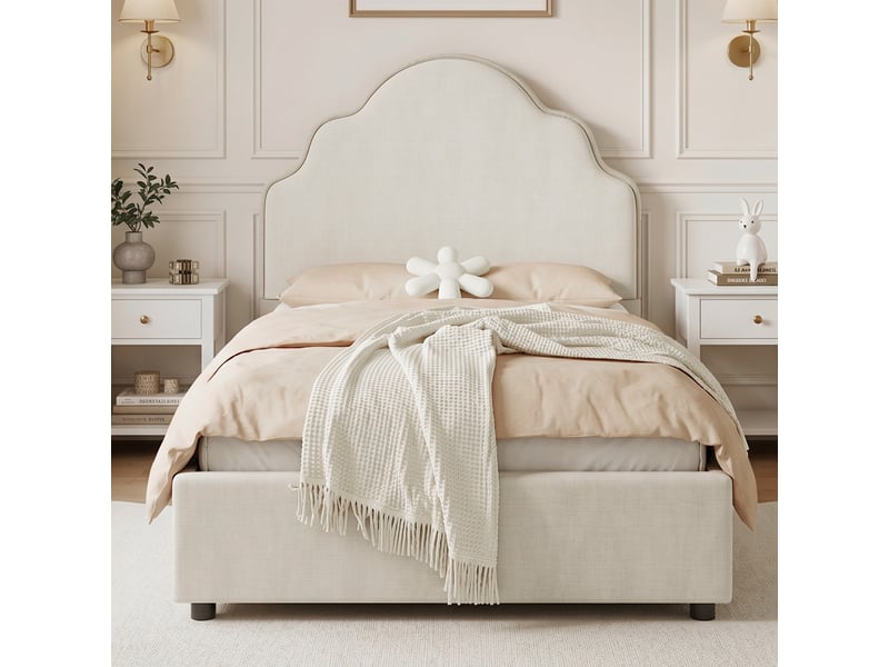  Lit simple 90x200 cm, lit enfant, tête de lit rembourrée, lin beige  - Conforama R