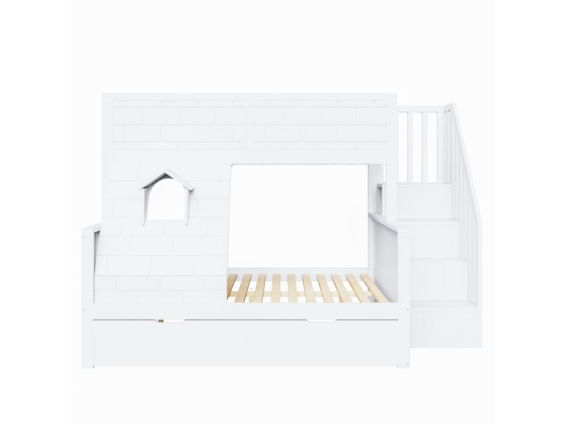  Lit superposé enfant 90x200 140x200 cm, 2 tiroirs, fenêtre, barrière de sécurité, escalier avec rangement, bois et mdf blanc  - Conforama E