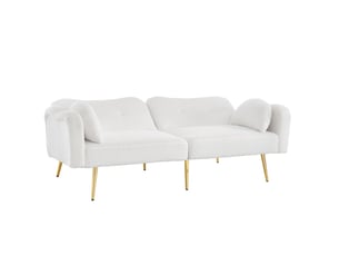 Canapé droit convertible 2 places blanc en tissu bouclette, dossier réglable 3 positions et pieds métal doré