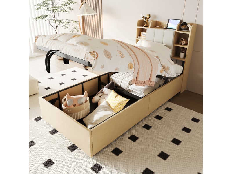  Lit simple 90 x 200 cm avec usb et tape-c, lit coffre, cadre de lit adulte en bois, tête de lit avec espace de rangement, beige  - Conforama C