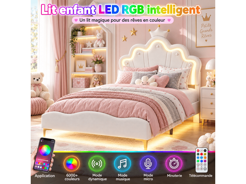  Lit fille 140x190cm avec sommier led réglables - lit simpledouble enfant avec tête de lit réglable en hauteur - sommier à lattes - lit 140x190 cm - lumineuse led - lit fille avec tête de lit réglable - lit princesse en forme cou…  - Conforama E
