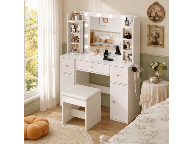  Coiffeuse blanche avec miroir et éclairage led variable, organisateur à bijoux rotatif, station de charge usb-c et support sèche-cheveux, 3 tiroirs et 2 armoires  - Conforama E