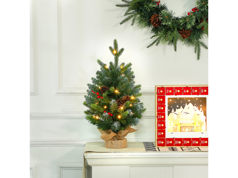  Sapin de noël 60 cm arbre de noël de table avec lumière led, 141 pointes, base en béton, pommes de pin et baies rouges  - Conforama A