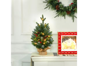 Sapin de noël 60 cm arbre de noël de table avec lumière led, 141 pointes, base en béton, pommes de pin et baies rouges