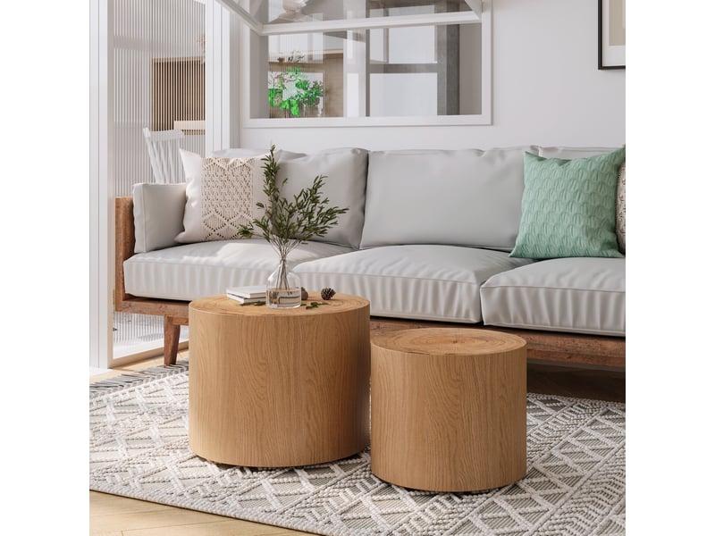  Lot de 2 tables basses gigognes - ø48x38cm et ø38x32cm - tables rondes tambour en bois motif cernes d'arbre - naturel  - Conforama C