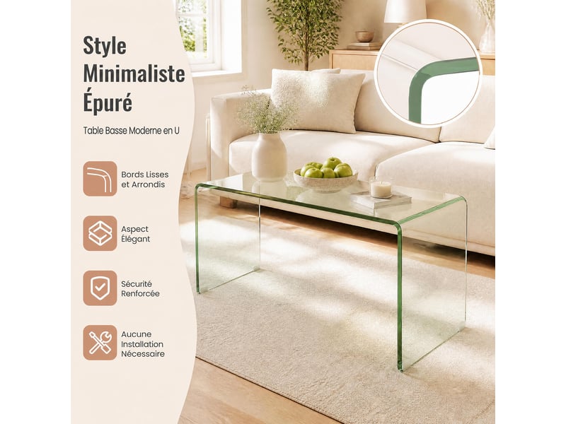  Table basse salon rectangulaire en verre trempé en forme u  - Conforama C