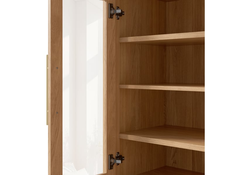 Buffet haut 110x40x185cm, 3 vitrines en verre, 3 compartiments fermés, étagères réglables, niche arrondie, mdf et panneaux de particules, naturel ABC - Conforama D