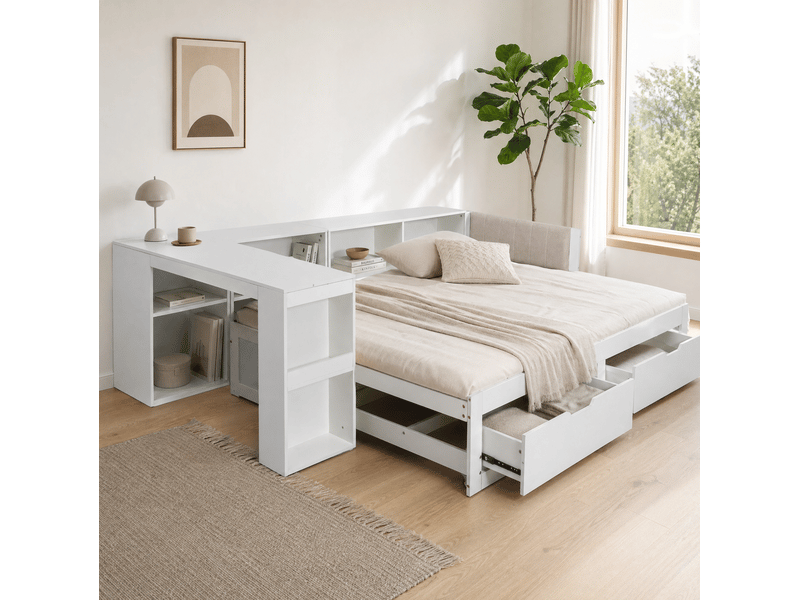 Lit multifonction 3 en 1 modenvie 180 x 200 cm avec bureau et rangement blanc mat - Conforama D