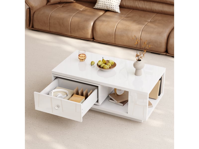  Table basse avec tiroir rotatif et niche pour salon en mdf et panneaux de particules 90×48×35 cm blanc  - Conforama D