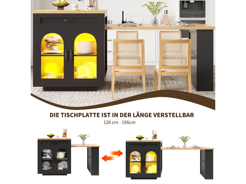  Îlot de cuisine extensible led 126-196x59x94 cm, meuble de cuisine avec 2 tiroirs, étagères réglables, portes en verre cannelé, mdf, noir ABC - Conforama D