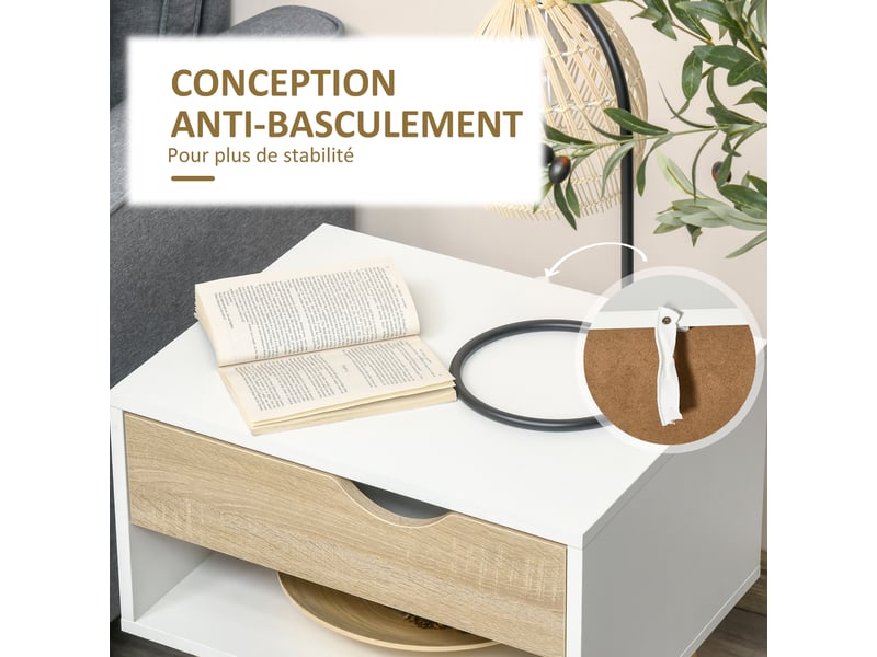  Table de chevet, table de nuit, avec tiroir, design moderne, pieds en bois massif, 50 x 39 x 51 cm, blanc et bois naturel  - Conforama W