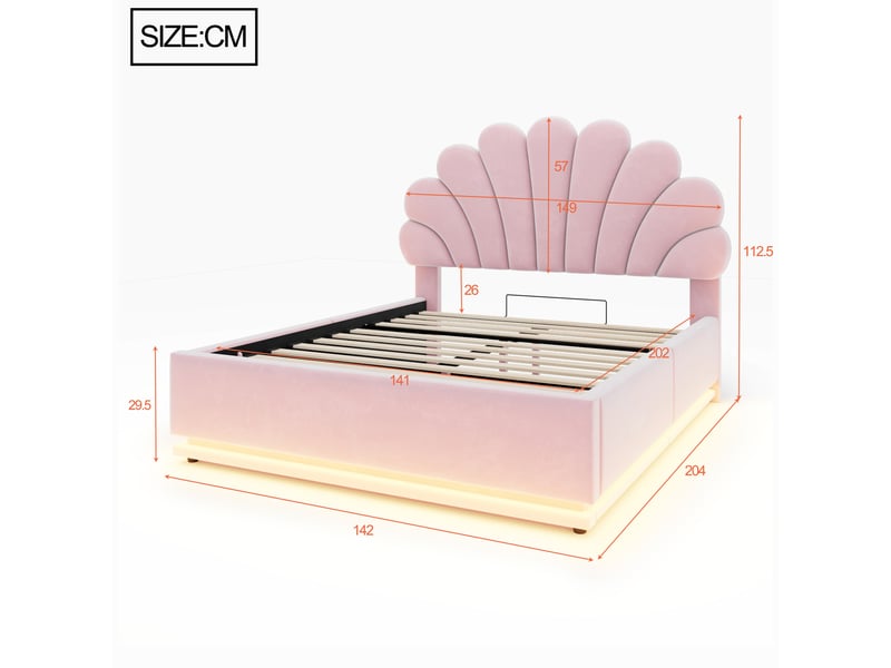  Lit coffre rembourré 140x200 cm coloris rose led velours  - Conforama C