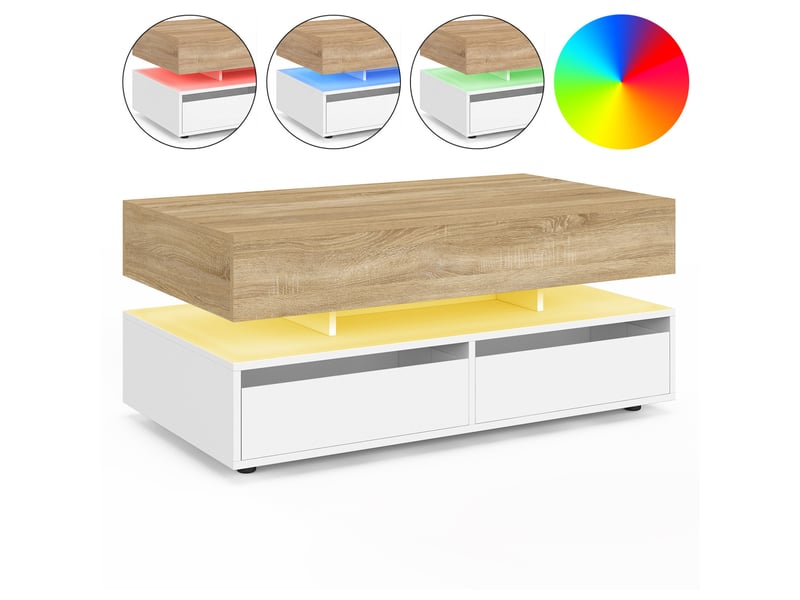  Table basse plateau relevable rectangulaire elsa 90 cm 4 tiroirs avec led en bois blanc et plateau façon hêtre  - Conforama D