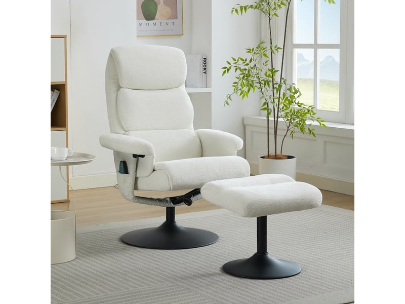  Fauteuil relax pivotant avec massage à 5 points, fonction chauffante, repose-pieds, en chenille blanc  - Conforama B